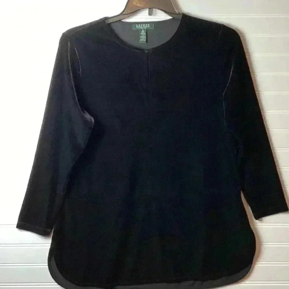 Black Velvet Tunic Blouse Top By Lauren Ralph Lauren Long Sleeve Keyhole L/P